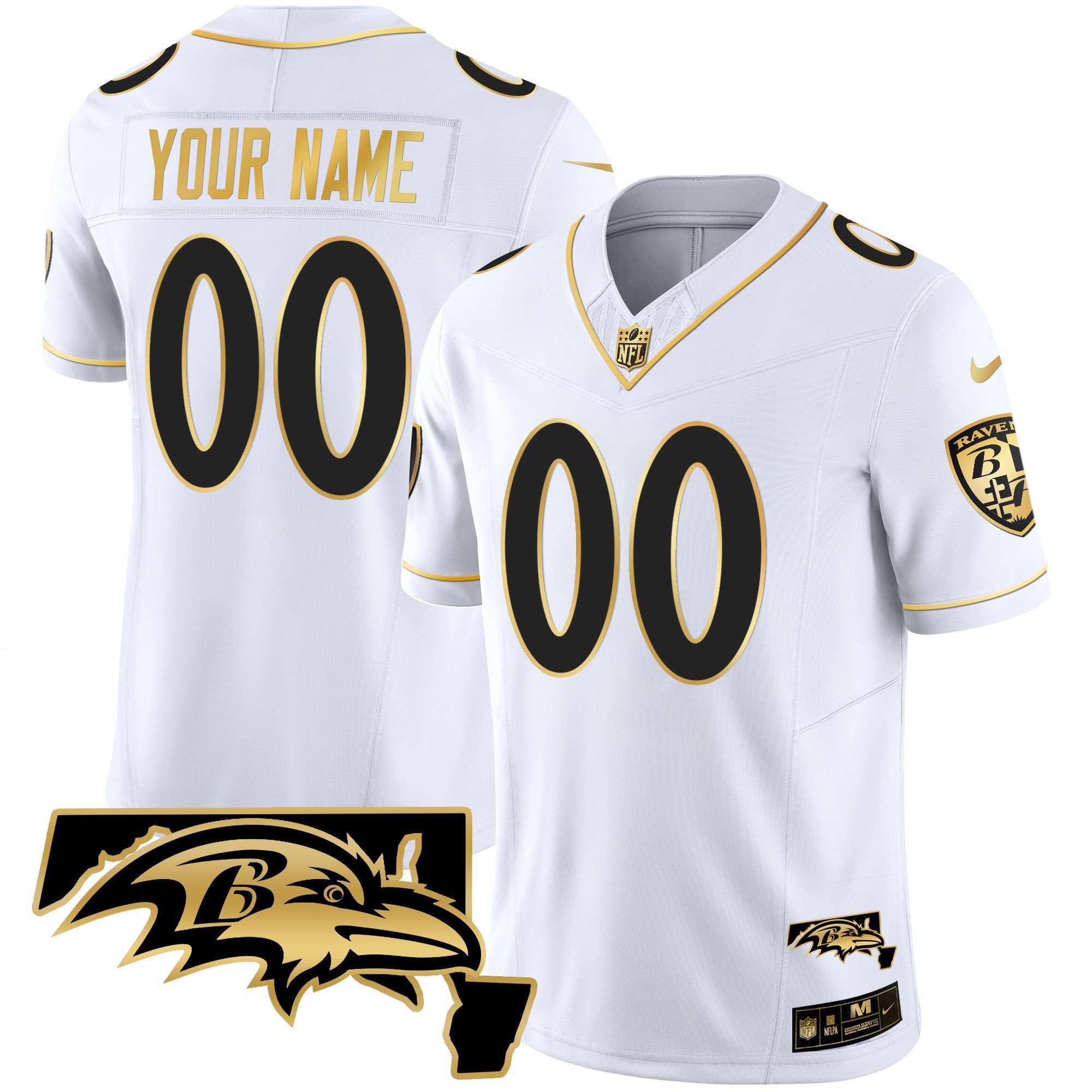 Men Baltimore Ravens White Gold 2024 Nike Maryland Patch Vapor Custom NFL Jersey